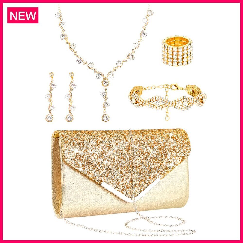 Rhinestone Jewelry Set with Clutch Purse, Necklace, Earrings, Bracelet, Ring